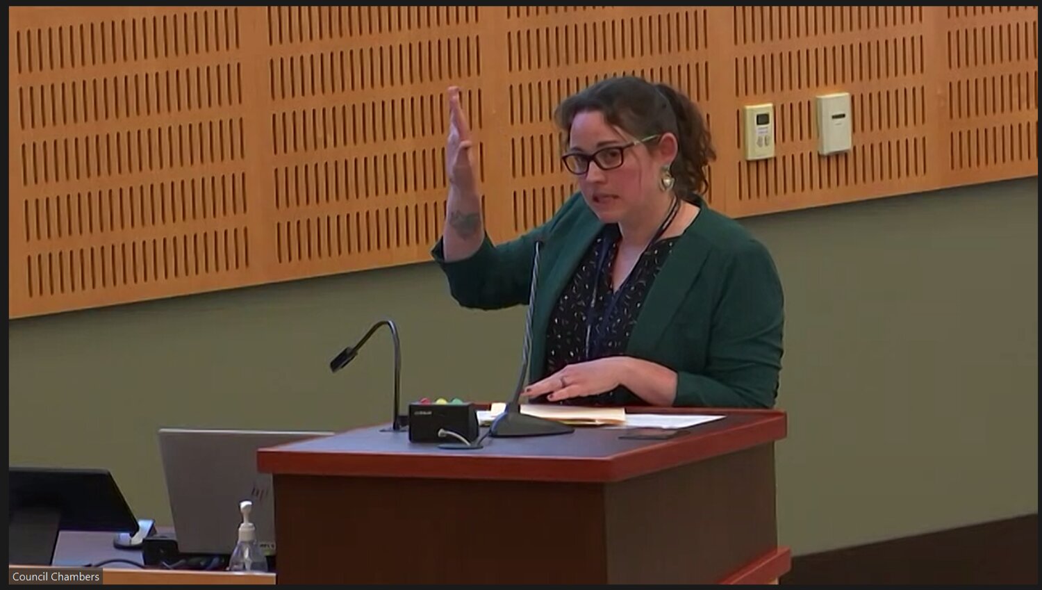 Affordable Housing Program Manager Jacinda Steltjes spoke at the Olympia City Council meeting on Tuesday, May 9, 2023, to update the public on the permanent supportive housing project along Franz Anderson Road.